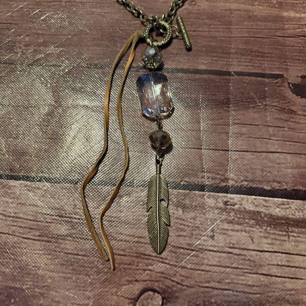 Beaded Metal Feather Leather Statement Necklace Toggle Clasp - Picture 2 of 3